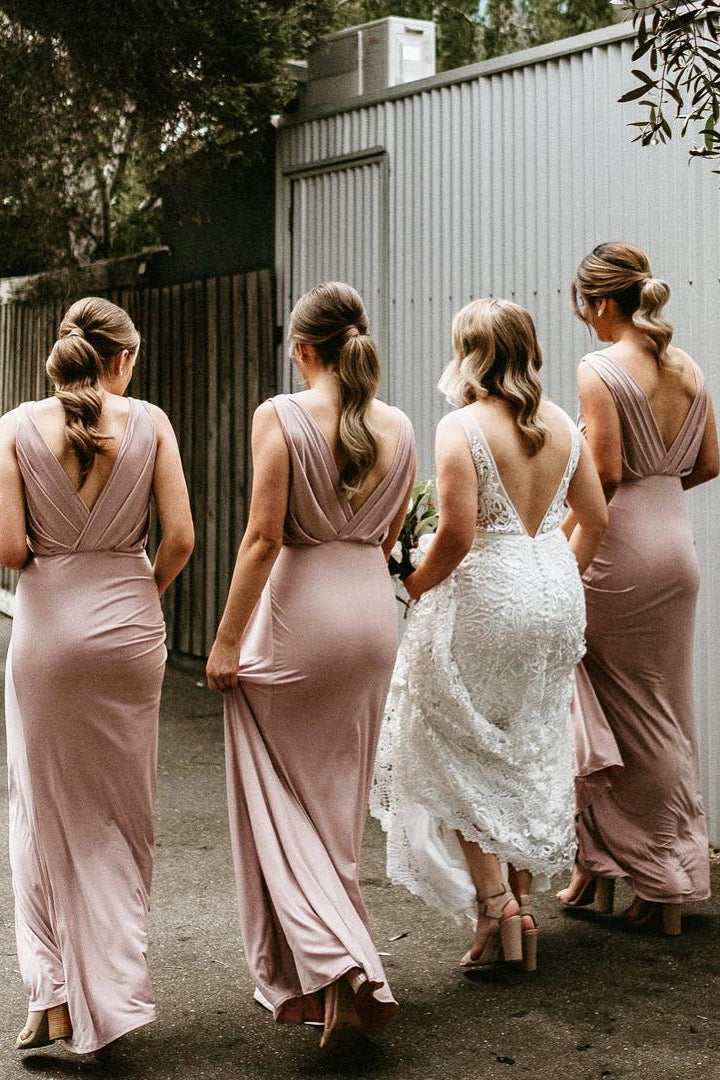 Elegant V Neck Blush Pink Long Bridesmaid Dress