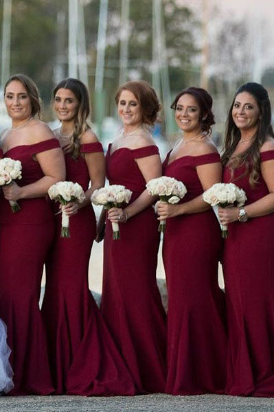 Burgundy off the shoulder best sale bridesmaid dress