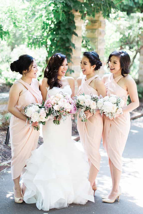 Cross Neck Mid-Calf Pink Chiffon Bridesmaid Dress