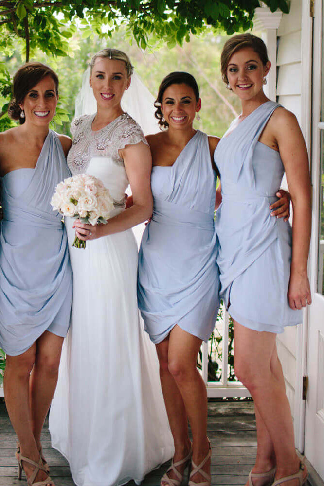 One Shoulder Chiffon Short Sky Blue Bridesmaid Dress