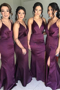 Gorgeous Straps V Neck Plum Mermaid Long Bridesmaid Dress