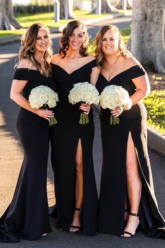 Elegant Off Shoulder Mermaid Long Bridesmaid Dress with Slit