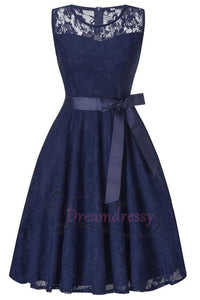 Cute A-Line Short Navy Blue Lace Bridesmaid Dress