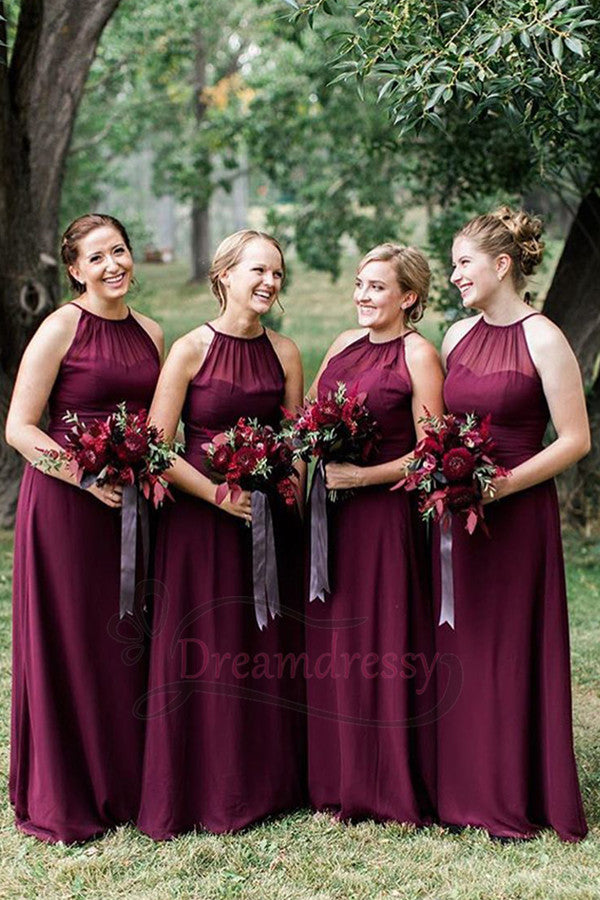Halter Burgundy Chiffon Floor Length Bridesmaid Dress