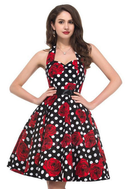 1950s Vintage Polk Dots Short Dress with Floral Print