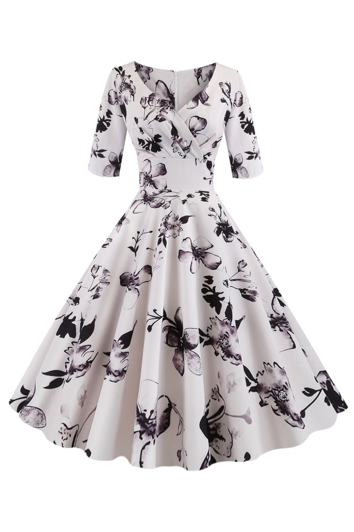 Vintage Wrap Floral Print Midi Dress with Sleeves
