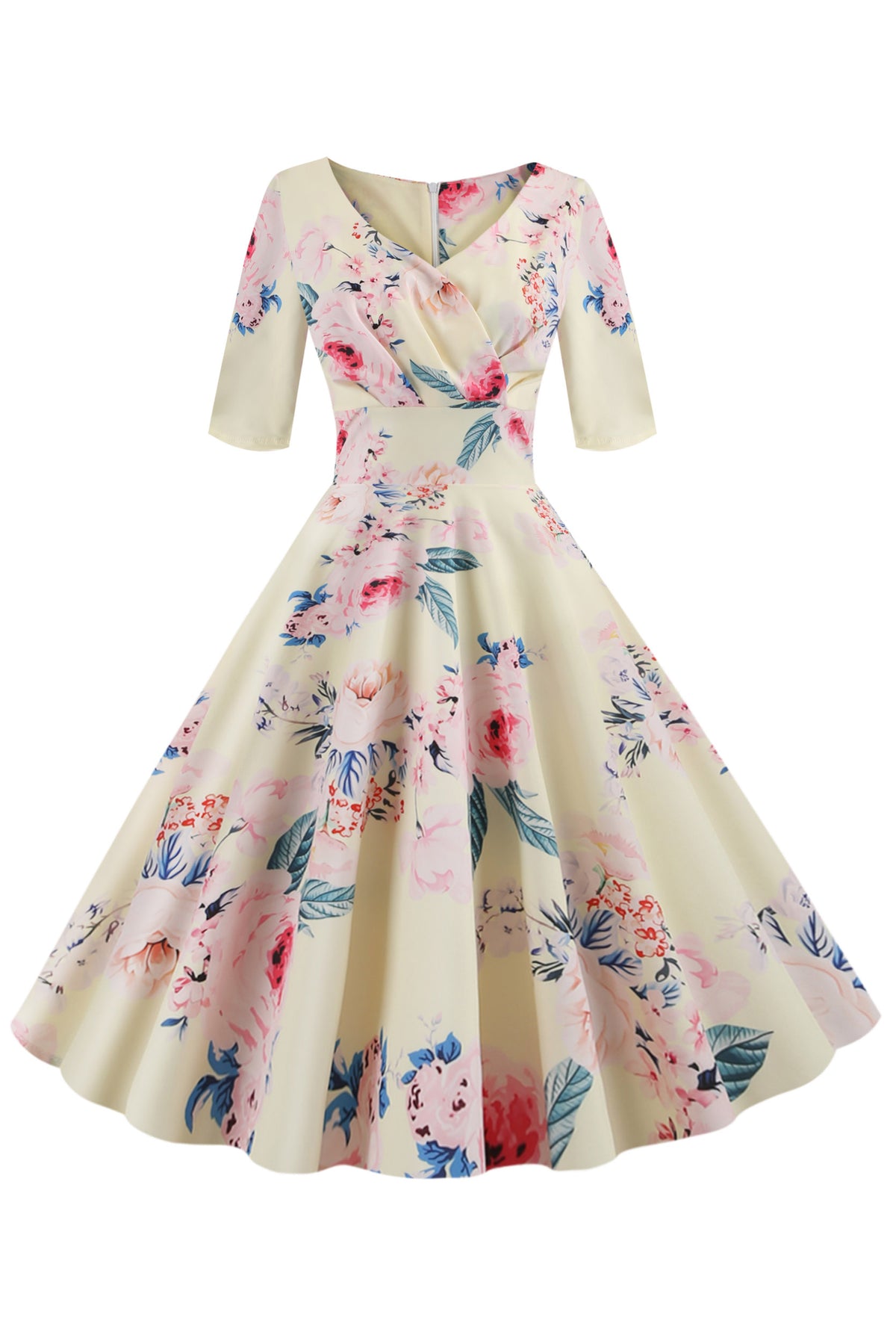 Retro Printed Flower Swing Dress with Short Sleeves