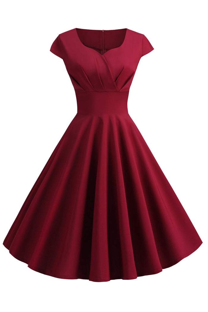 1980S Solid Burgundy Pleated Midi Dress