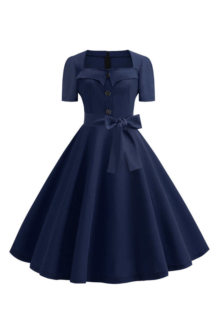 1970S Botton Embellished Navy Blue Vintage Dress