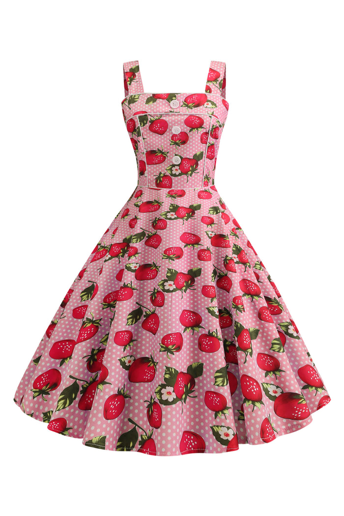 1960S Strawberry Printed Square Neck Midi Dress