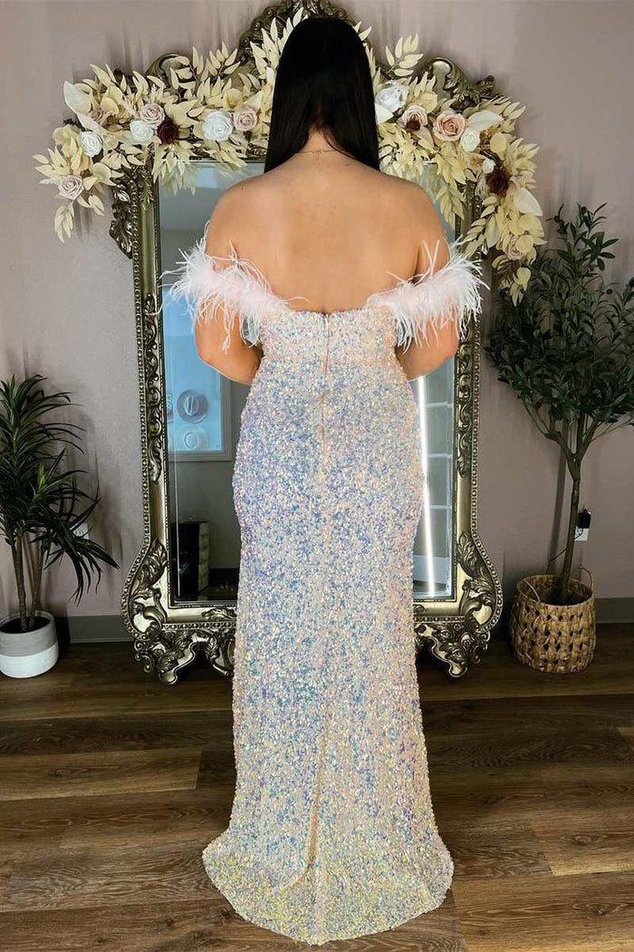 Pink Iridescent Sequin Feather Off-the-Shoulder Long Prom Dress with Slit
