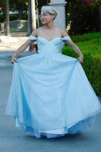 Light Blue Tulle A-line Off-Shoulder Lace-Up Back Long Prom Dress