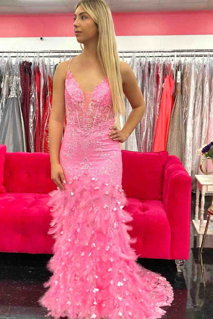 Hot Pink Mermaid V Neck Lace Tulle Lace-Up Back Long Prom Dress with Feathers