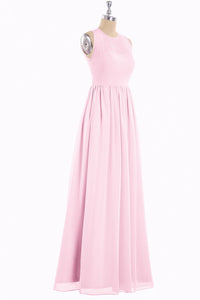 Pink Chiffon Halter Cutout Back A-Line Long Bridesmaid Dress