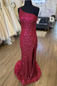 Sequins One-Shoulder Cutout Back Mermaid Long Prom Dress with Slit