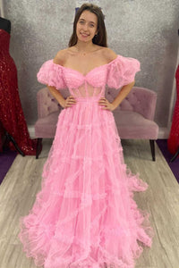 Princess Pink Off-the-Shoulder A-Line Prom Dress with Ruffles