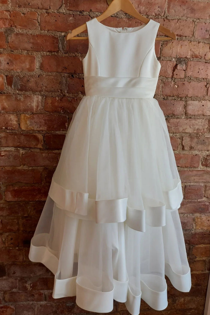 White Jewel Sleeveless Multi-Layers Long Flower Girl Dress wit Bow Sash