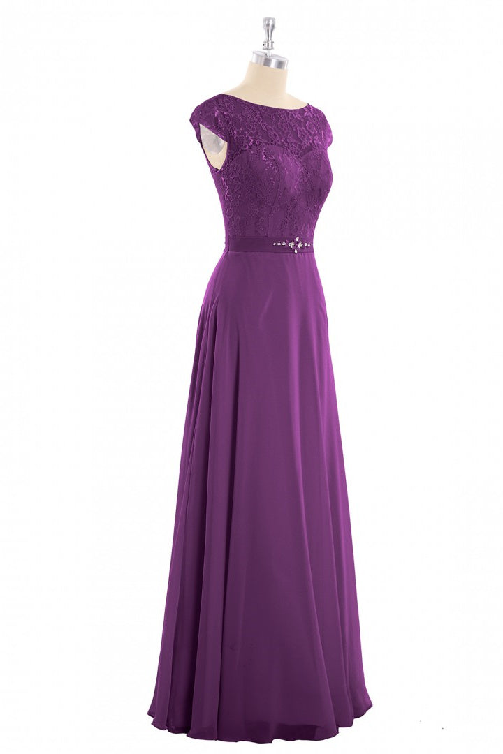 Elegant Purple Lace Cap Sleeve A-Line Long Bridesmaid Dress – Dreamdressy