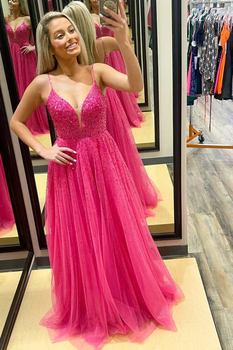 Barbie Pink Tulle Beaded Open Back A Line Prom Gown