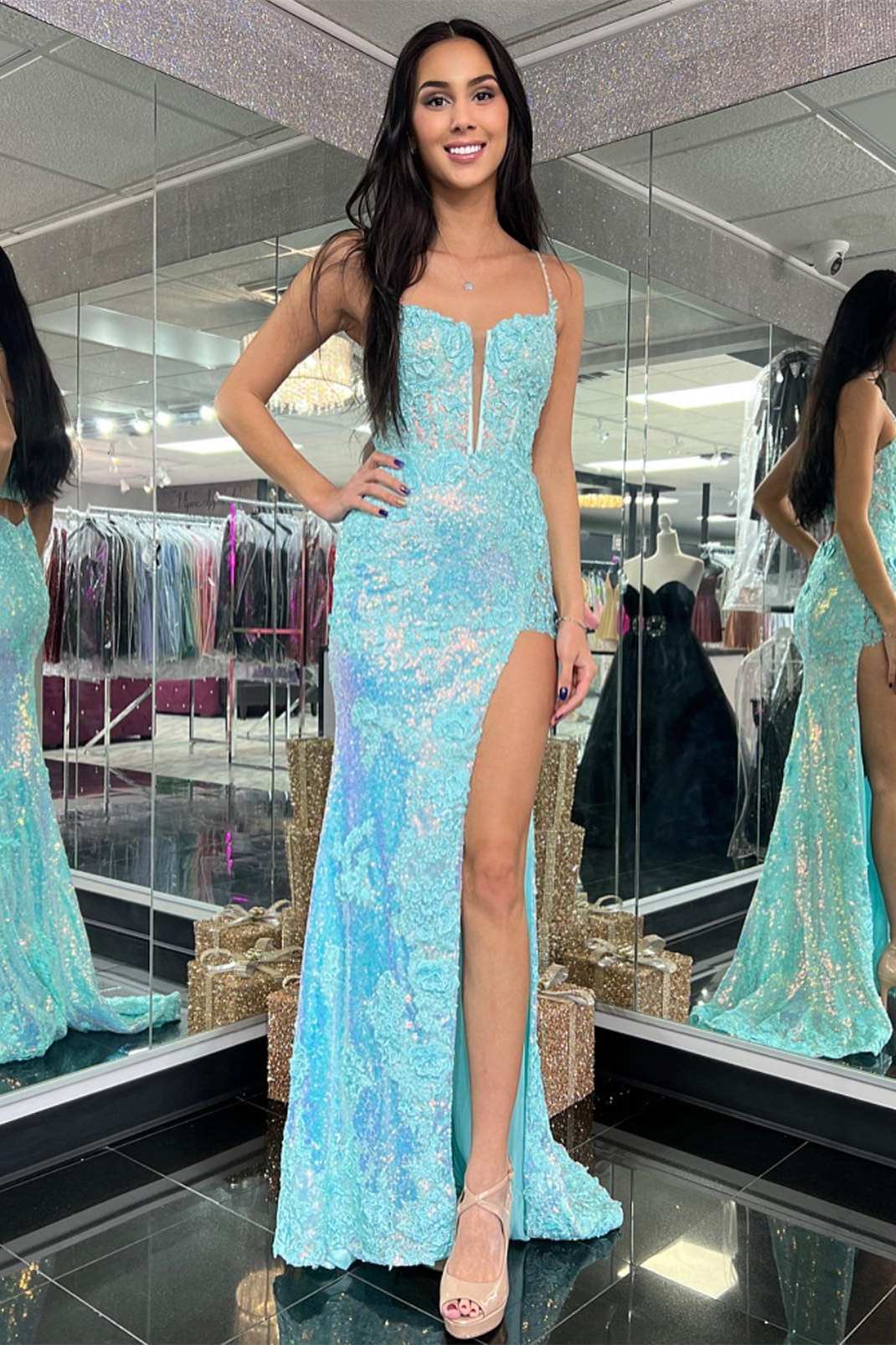Light Blue Sequin Appliques Plunge Neck Long Prom Dress with Slit