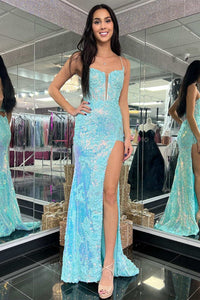 Light Blue Sequin Appliques Plunge Neck Long Prom Dress with Slit
