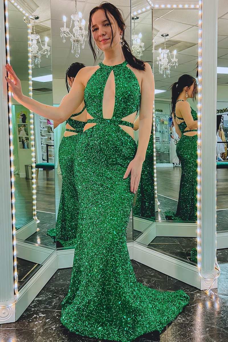Green Sequin Keyhole Cutout Mermaid Long Formal Dress