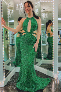 Green Sequin Keyhole Cutout Mermaid Long Formal Dress