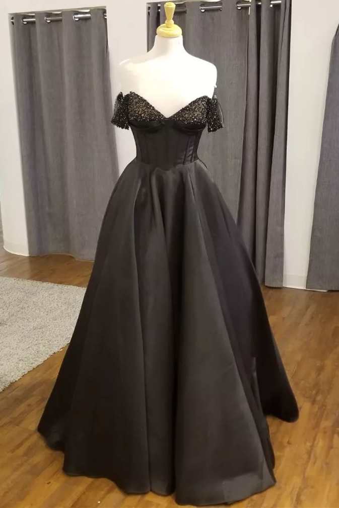 Black Beaded Off-the-Shoulder Empire Waist A-Line Prom Dress