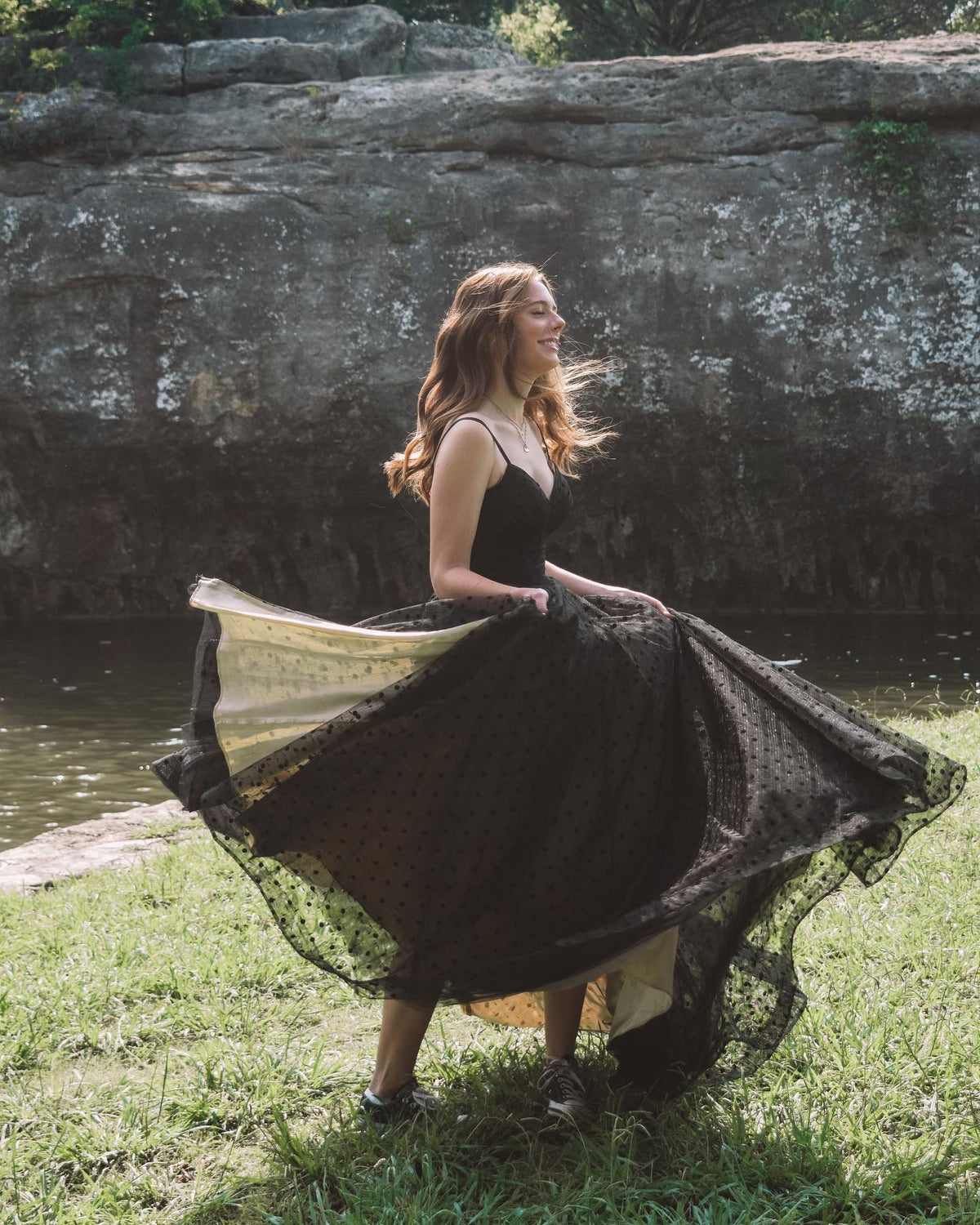 Black A-line Polk Dots Long Formal Dress