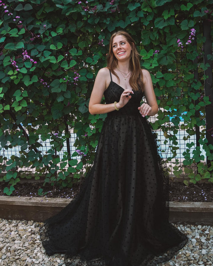 Black A-line Polk Dots Long Formal Dress