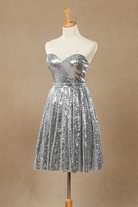 Silver Sequin Sweetheart A-Line Knee Length Bridesmaid Dress