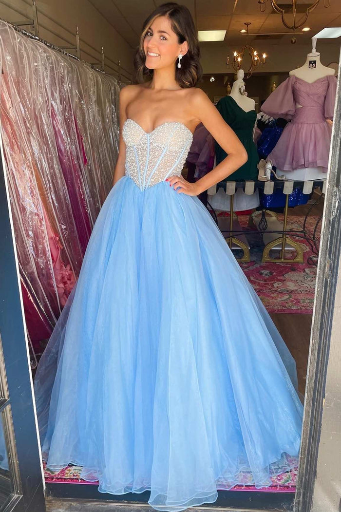 Princess Blue Beaded Strapless A-Line Prom Dress with Puff Sleeves