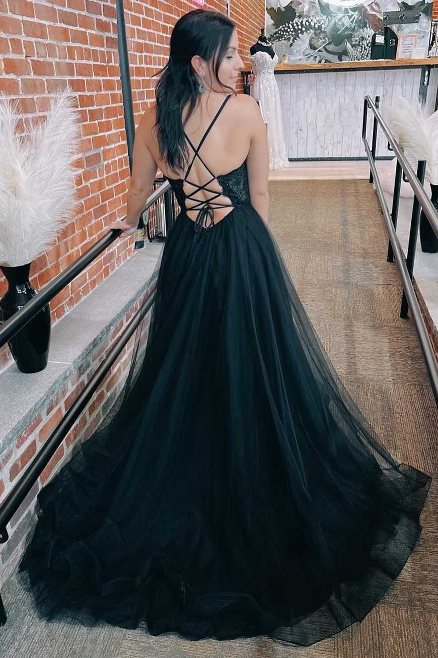 Black Tulle Lace Lace Up Back A Line Prom Dress with Slit Dreamdressy