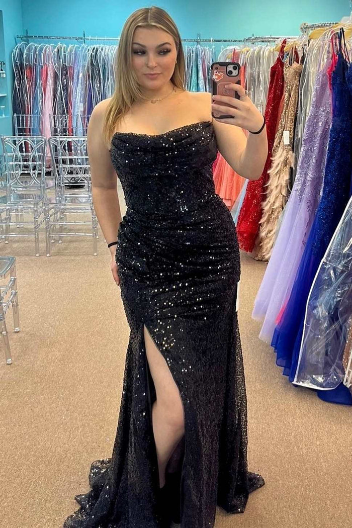 Sequins Strapless Mermaid Long Dress with Slit