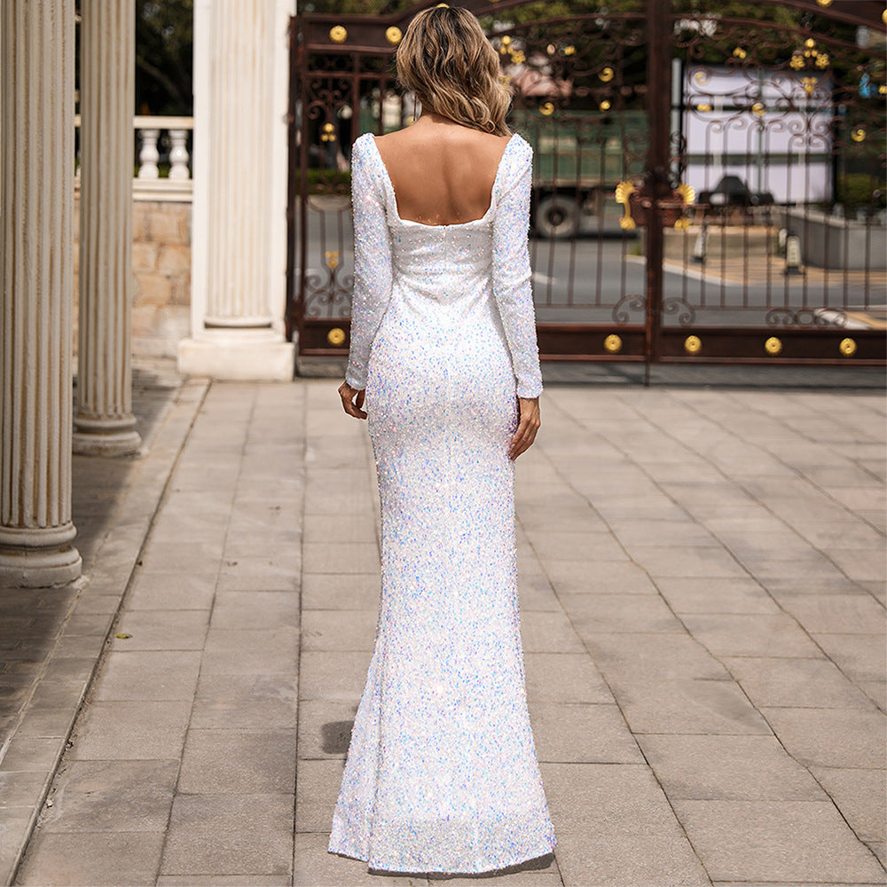 Glitters White Long Sleeves Mermaid Long Party Dress