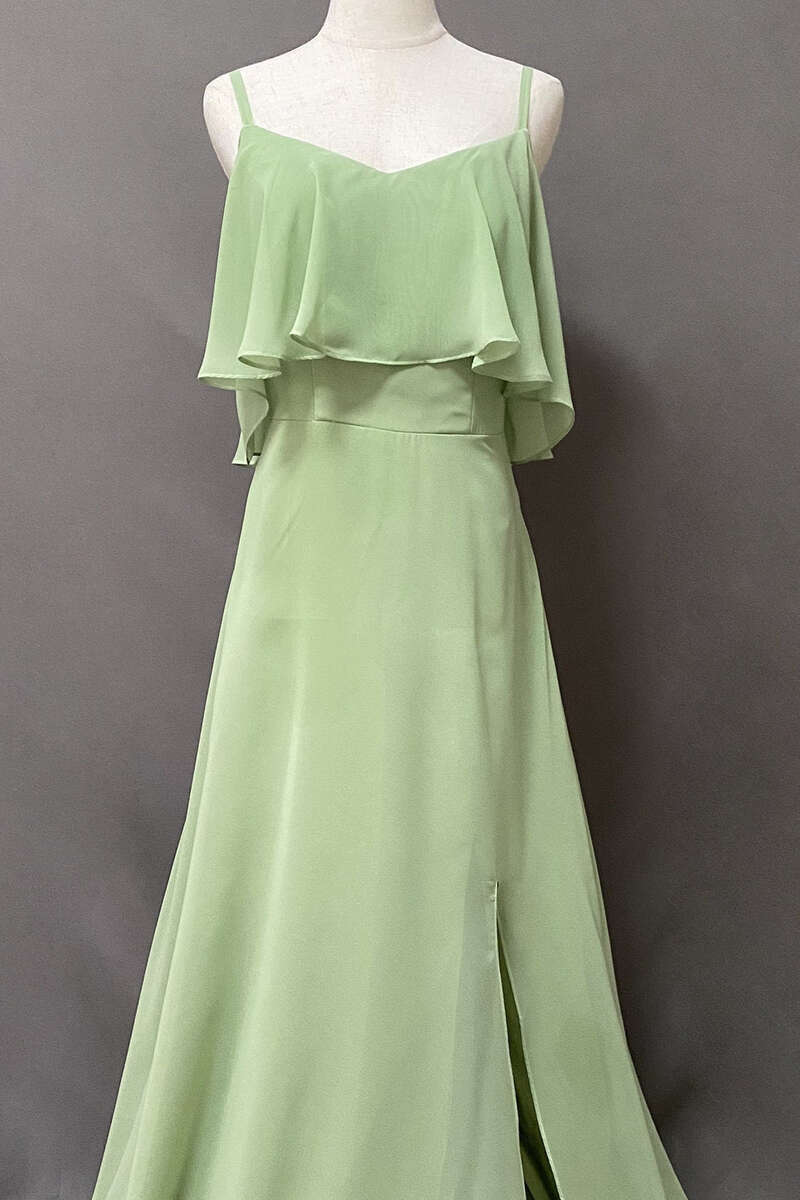 Ruffles Sage Green Straps A-Line Long Bridesmaid Dress with Slit