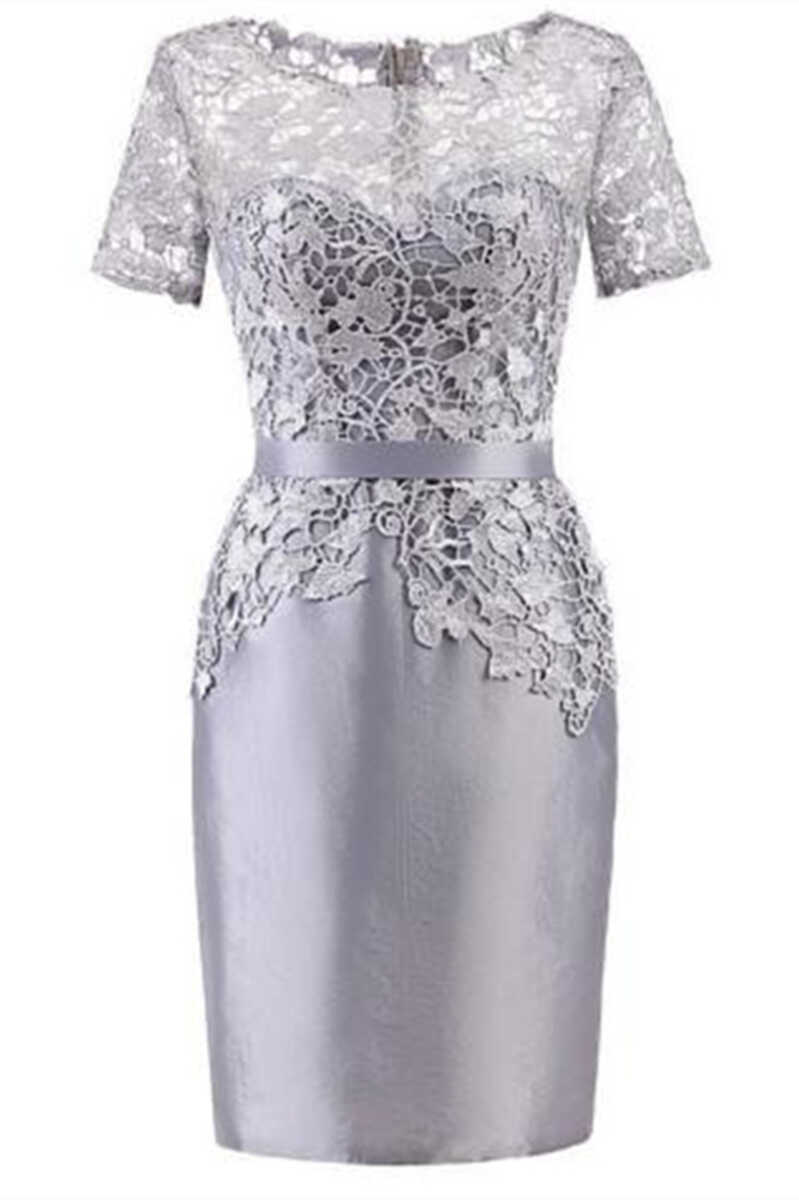 Grey Lace Short Sleeve Mother of the Bride Dress