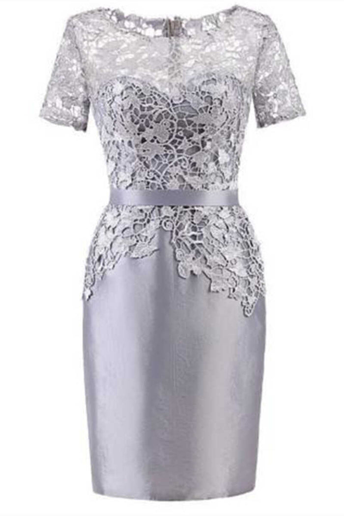 Grey Lace Short Sleeve Mother of the Bride Dress