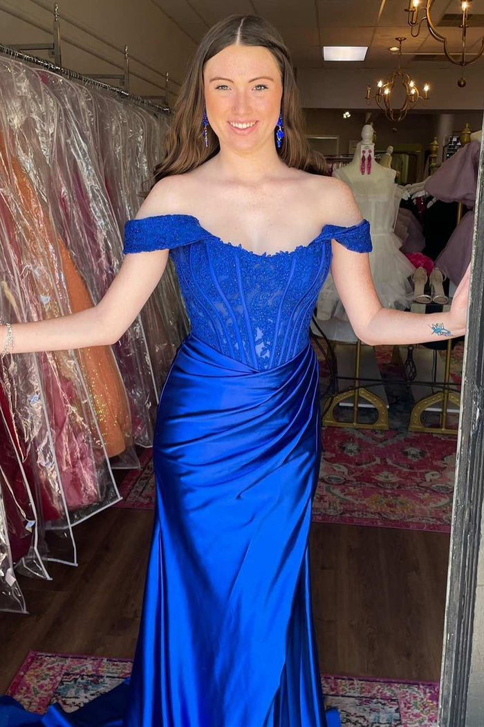Royal Blue Lace Satin Off-the-Shoulder Mermaid Long Formal Dress