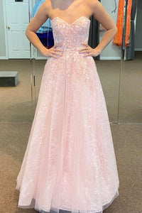 Pink Tulle Sweetheart A-Line Prom Dress with Puff Sleeves