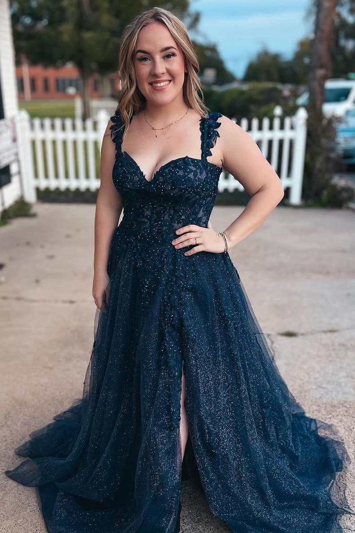 Sweetheart Indigo Straps A-Line Prom Dress with Slit