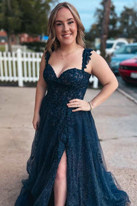 Sweetheart Indigo Straps A-Line Prom Dress with Slit