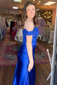 Royal Blue Lace Satin Off-the-Shoulder Mermaid Long Formal Dress