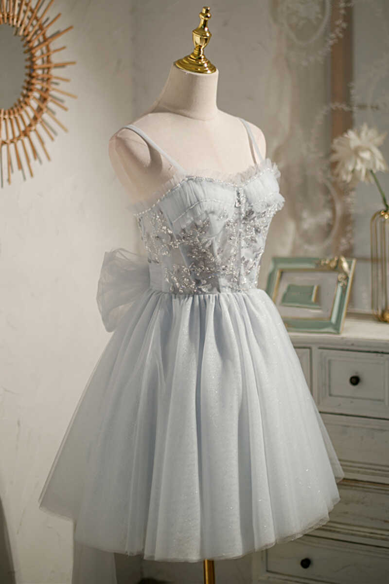 Grey Beaded Bow-Back Short Homecoming Dress