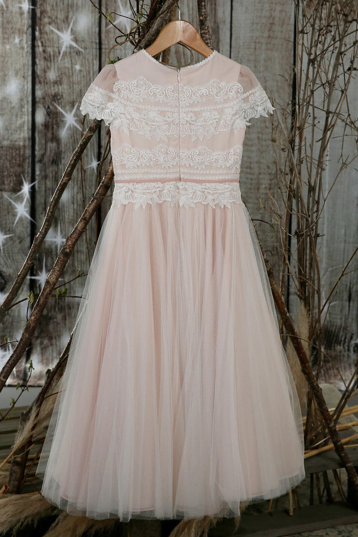 Blush Pink Jewel Sleeves Appliques Long Flower Girl Dress with Sash