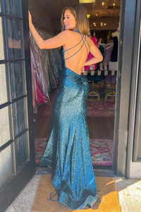 Royal Blue Sequins V-Neck Lace-Up Mermaid Long Prom Dress