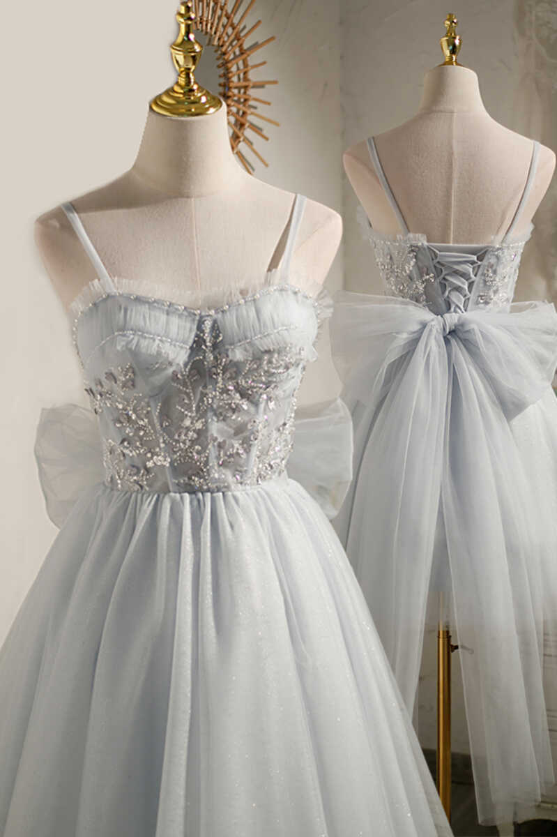 Grey Beaded Bow-Back Short Homecoming Dress