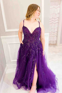Purple A-line V Neck Applique Sequins Tulle Long Prom Dress