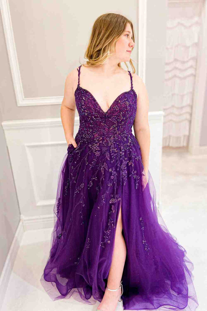 Purple A-line V Neck Applique Sequins Tulle Long Prom Dress