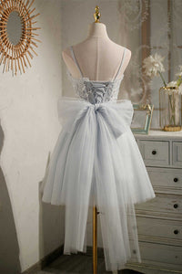 Grey Beaded Bow-Back Short Homecoming Dress